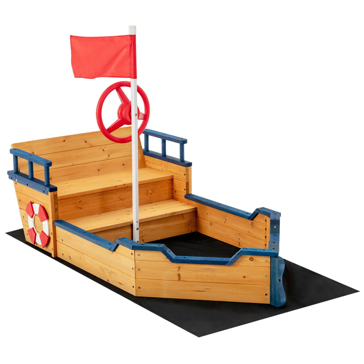 Kids Pirate Boat Wooden Sandbox Non-Woven Fabric Liner Children Outdoor Playset